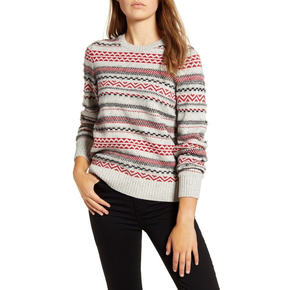 Lucky Brand Women’s Striped Fair Isle Pullover Sweater Size L Gray Crew Neck
